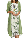 Graceful Casual Comfy Flowers Printed Round Neck Dress + Coat