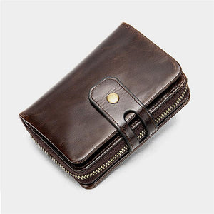 Genuine Leather Retro Multiple Compartment Card Slot Zip Closure Mini Wallet