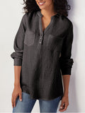 Plus Size Pockets Long Sleeve Solid V Neck Casual Tunic