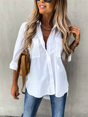 Casual Style Button Fastening Lapel Collar Chest Pocket High-Low Curved Hem Blouse
