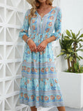 Women's Hawaiian Floral Printed V Neck 3/4 Sleeve Flowy Boho Dress