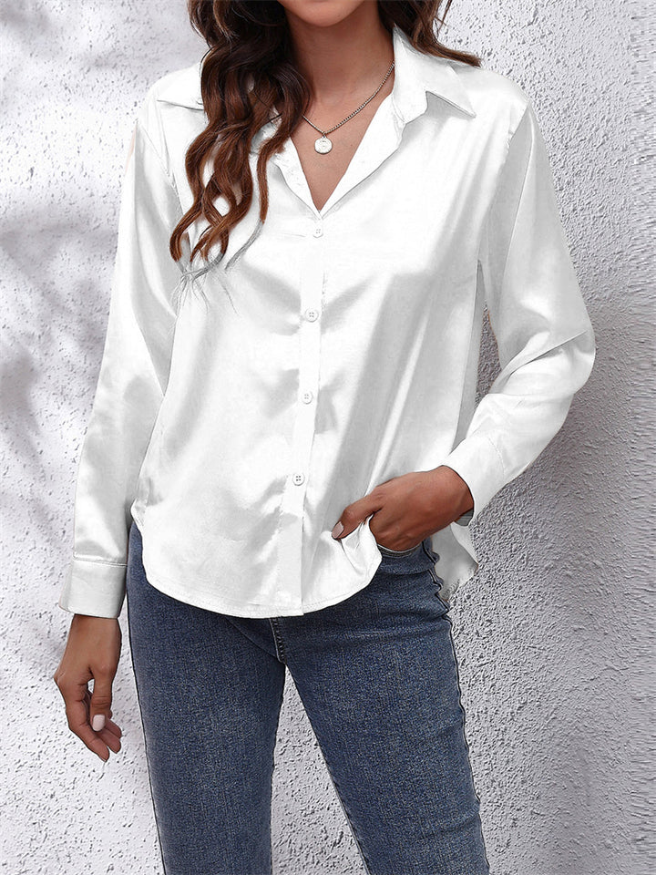Super Soft Lapel Button Long Sleeve Silky Blouses for Office Lady