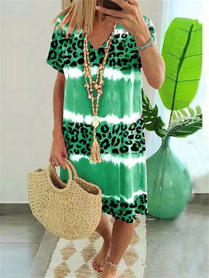 Women's Sexy V-neck Leopard Print Short Sleeve Mid Length Dresses