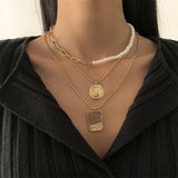 Three Layers Moon Artificial Pearl Vintage Pendant Necklace For Women