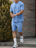 Sporty Short Sleeve Solid Color T-Shirts+Shorts Outfits