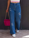 Women's Retro Floral Embroidery High Rise Straight Leg Denim Pants