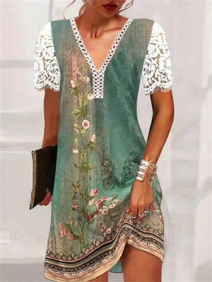 Women's Summer Vintage Lace V Neck Short Sleeve Printed Trendy Dress