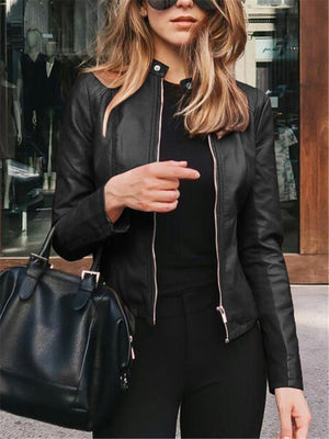 Autumn Fashion Full Zip Up Faux Leather Jackets for Women