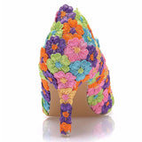 Colorful Lace Flowers Pattern Slip-on Heels Shoes