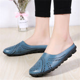 Women's Genuine Leather Hollow Slip On Backless Loafers for Summer