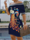 Fashionable Off Shoulder Floral Printed Short Sleeve Bodycon Mini Dress