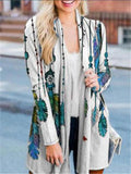 Casual Style Feather Floral Printed Long Sleeve Open Front Tops