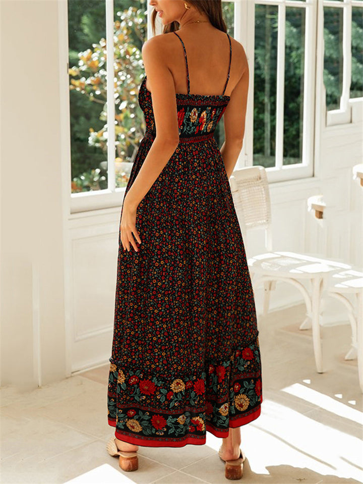 All-Over Floral Print Fitted Waist Pullover Pleated Detailing Spaghetti Strap Dress