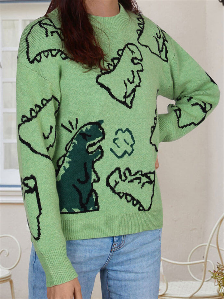 Female Super Cute Cartoon Dinosaur Pullover Round Neck Casual Sweaters