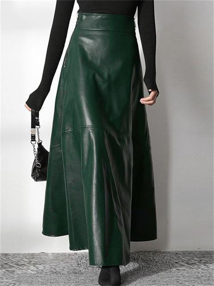 New Elegant Office Lady Solid Color PU Leather Zipper Long Skirts