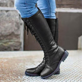 Fashionable High-Cut Lace-Up Side Zipper Chunky Mid Heel Boots