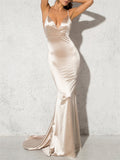 New Elegant Sexy Backless Satin Strappy Deep V Neck Floor Length Evening Dresses
