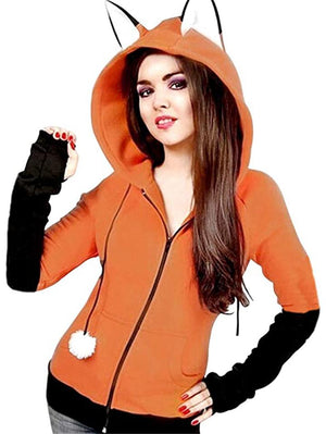 Adorable Fox Ear Drawstring Hooded Full Zipper Sweatshirt