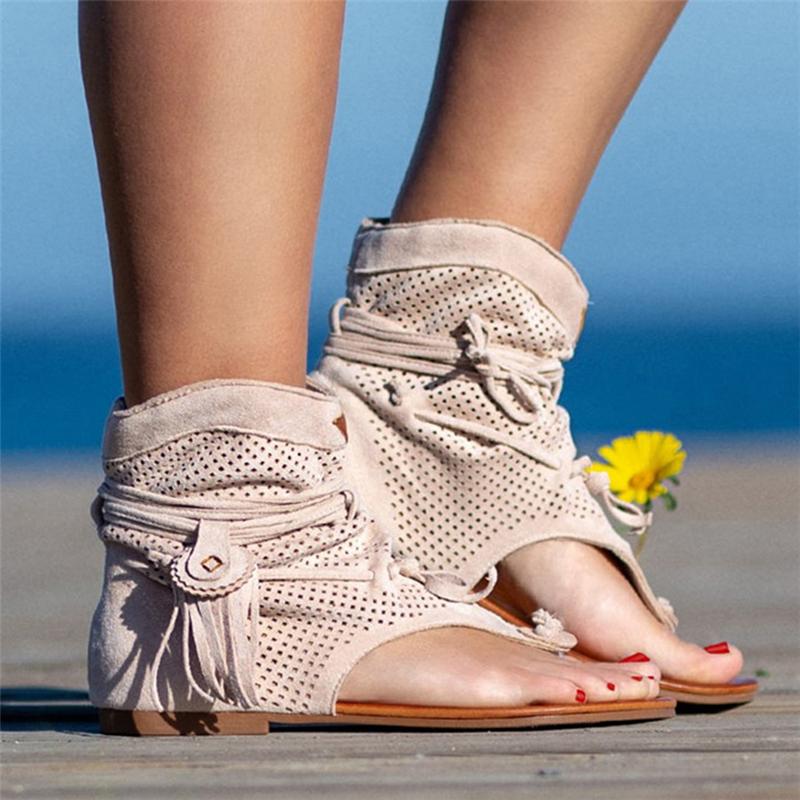 Bohemian Style Suede Tassel Beach Clip Toe Flat Sandals For Women