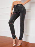 Lovely Small Floral Embroidery Slim Fit Black Denim Jeans for Women