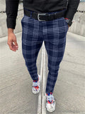 Men's Classic Plaid Skinny Pencil Pants with Pocket