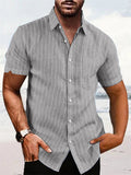 Summer Vertical Stripe Short Sleeve Button Down Linen Shirt for Men