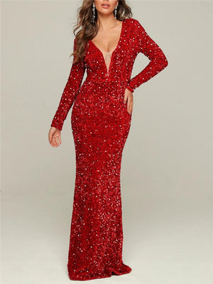 Stunning Low V Neck Sequined Long Sleeve Mermaid Dress for Prom