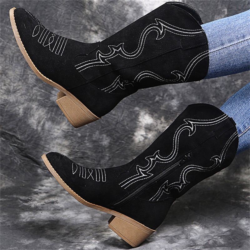 Vintage Style Embroidery Pointed Toe Low Heels Boots for Women