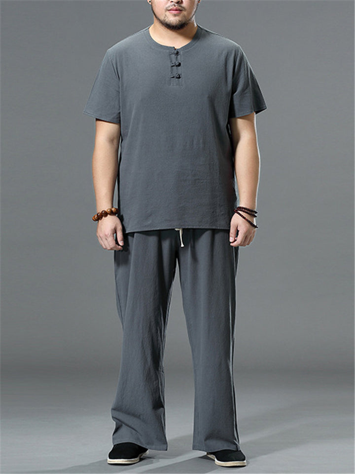 Men's Casual Loose Plus Size Cotton Linen Sets Short-Sleeved T-Shirt + Trousers