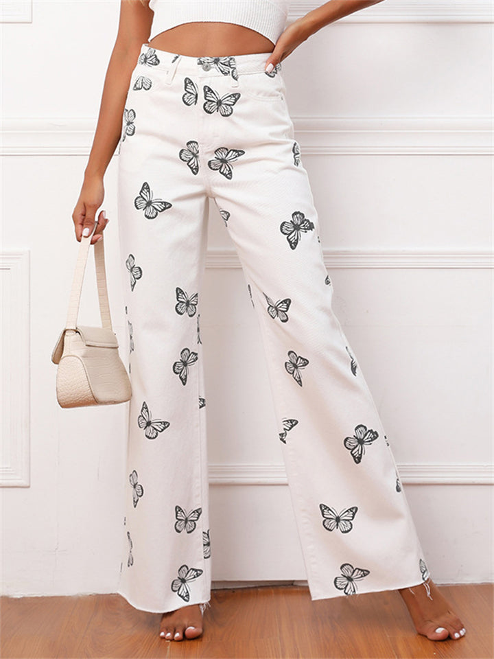 Women's Super Cute Butterfly Print Soft Loose White Color Denim Jeans