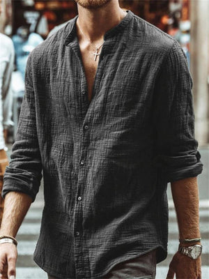 Men's Solid Color Casual Long-Sleeved Lapel Linen Shirt