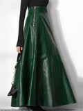 New Elegant Office Lady Solid Color PU Leather Zipper Long Skirts