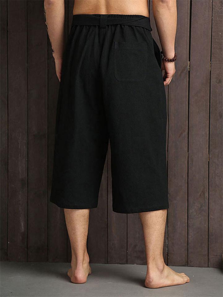 Mandarin Style Drawstring Wide Leg Calf-Length Linen Pocket Pants