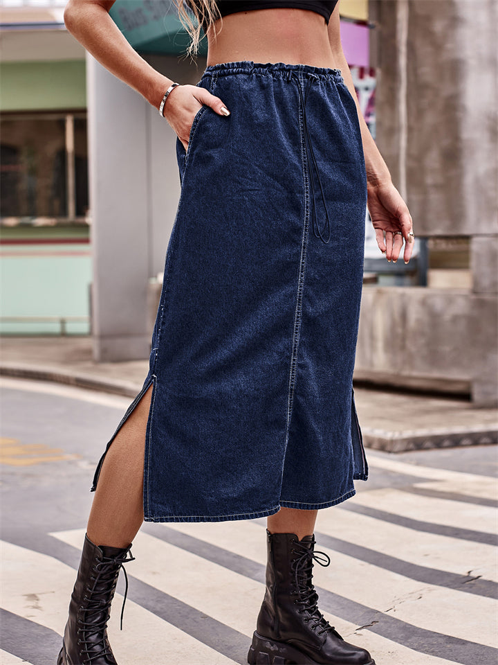 Women's Trendy Drawstring Side Slit Blue Denim Midi Skirts
