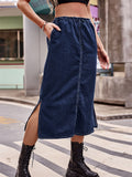 Women's Trendy Drawstring Side Slit Blue Denim Midi Skirts