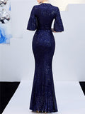 Elegant Sequined Half Sleeve Trumpet Sexy Black Formal Dress