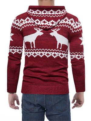 Men's Casual Trendy Elk Printed Hooded Zipper Christmas Sweater Coat
