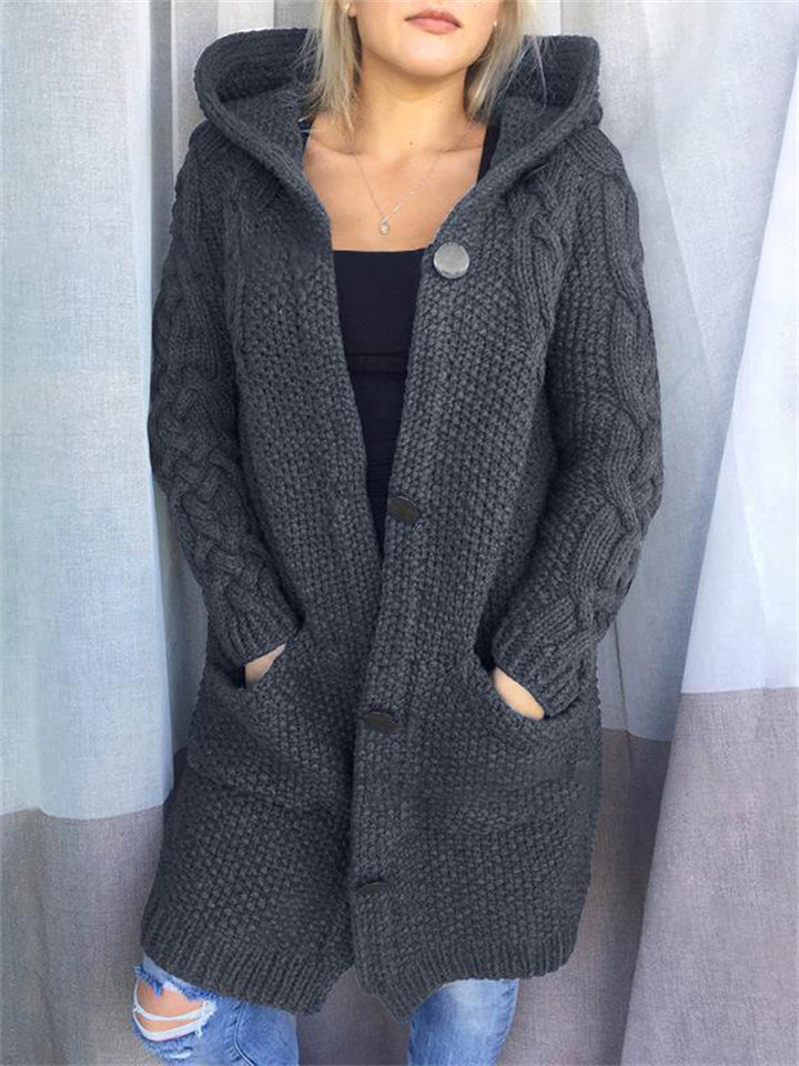 Women's Warm Buttoned Hooded Long Sweater Cardigan