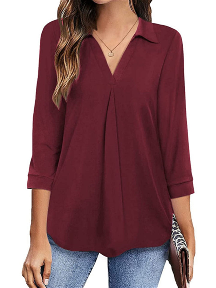 Lapel Solid Color 3/4 Sleeve Pullover Blouses