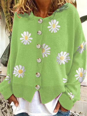 Daisies Printed Round Neck Buttons-Up Cardigans