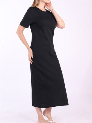 Women Cotton Black Short Sleeve Long Dress