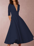 Women's Graceful Deep-V Design Half Sleeve A Line Midi Dress