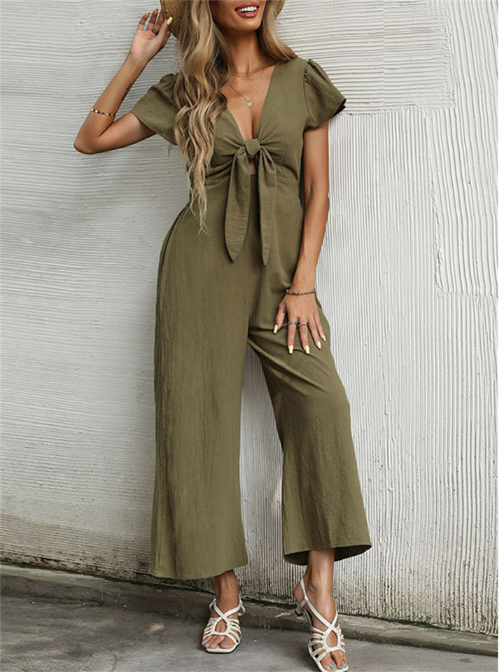 Sexy V Neck Linen  Casual Wide Leg Jumpsuits for Ladies