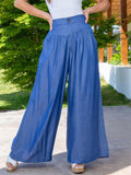 Retro Casual High Waist Pocket Thin Wide Leg Denim Pants for Lady