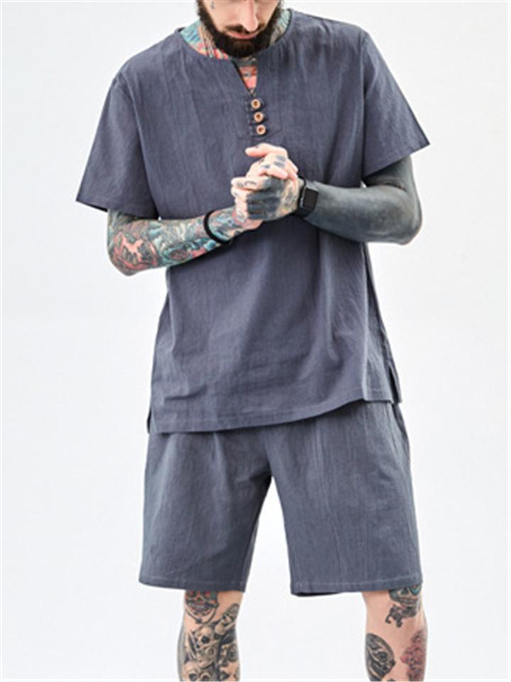 Mens Vintage Buttons Comfy Linen Short Sleeve T-Shirts+Shorts