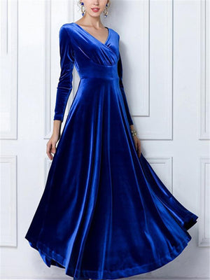 Elegant Velvet Wrap Neck Long Sleeve Maxi Dress for Evening