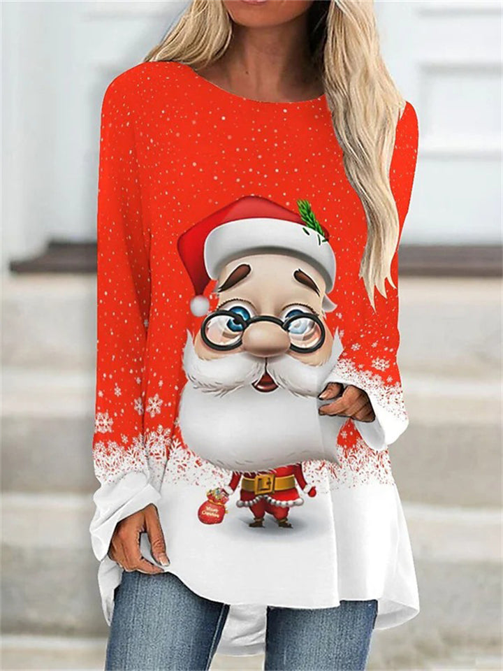 Stylish Cozy Ladies Long Sleeve Santa Claus Printed T-shirt