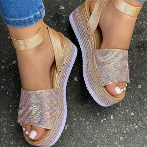 Women's Cute Open Toe Thick Soled Sparkly Rhinestone Sandals