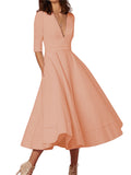 Women's Graceful Deep-V Design Half Sleeve A Line Midi Dress