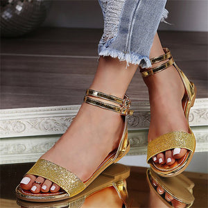 Gorgeous Retro Shiny Sequins Buckle Flat Roman Sandals for Women